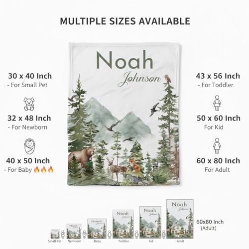 Image of Personalized Woodland Baby Blanket with Name, Custom Name Blanket for Boy, Printed in USA, Super Soft Blankets for Newborn, Customized Gifts for Baby Shower Birthday Christmas
