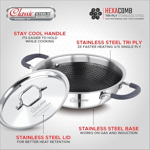 Image of Classic Steels Hexa Comb Triply Kadai with Steel Lid - 1 LTR (18cm) | Stainless Steel Non-Stick Kadhai for Cooking | Gas & Induction Compatible | 2.5mm Thickness | Durable Stay Cool Silicon Handle