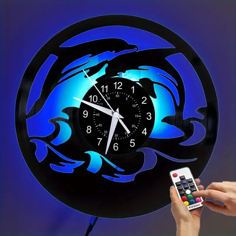 Dolphin Pattern LED Vinyl Wall Clock Silent Clock for Birthday for Living Room Bedroom, Room Home Decor, Kitchen Office Decor Spring School Season Graduation Gift