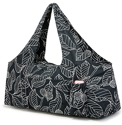 KUAK Extra Large Yoga Mat Bag and Carriers with Yoga Mat Strap, Top Full-Zip Closure, Bottle Pocket/Big Open Pocket and Zipper Pockets, Quality Canvas Women Tote Bag for Gym Sports (Leaves)