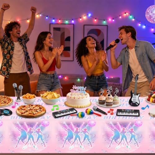 Image of 3 PCS Pink Disposable Music Party Tablecloth, Plastic Magical Music Themed Disposable Plastic Table Covers, 108 inchx54 inch