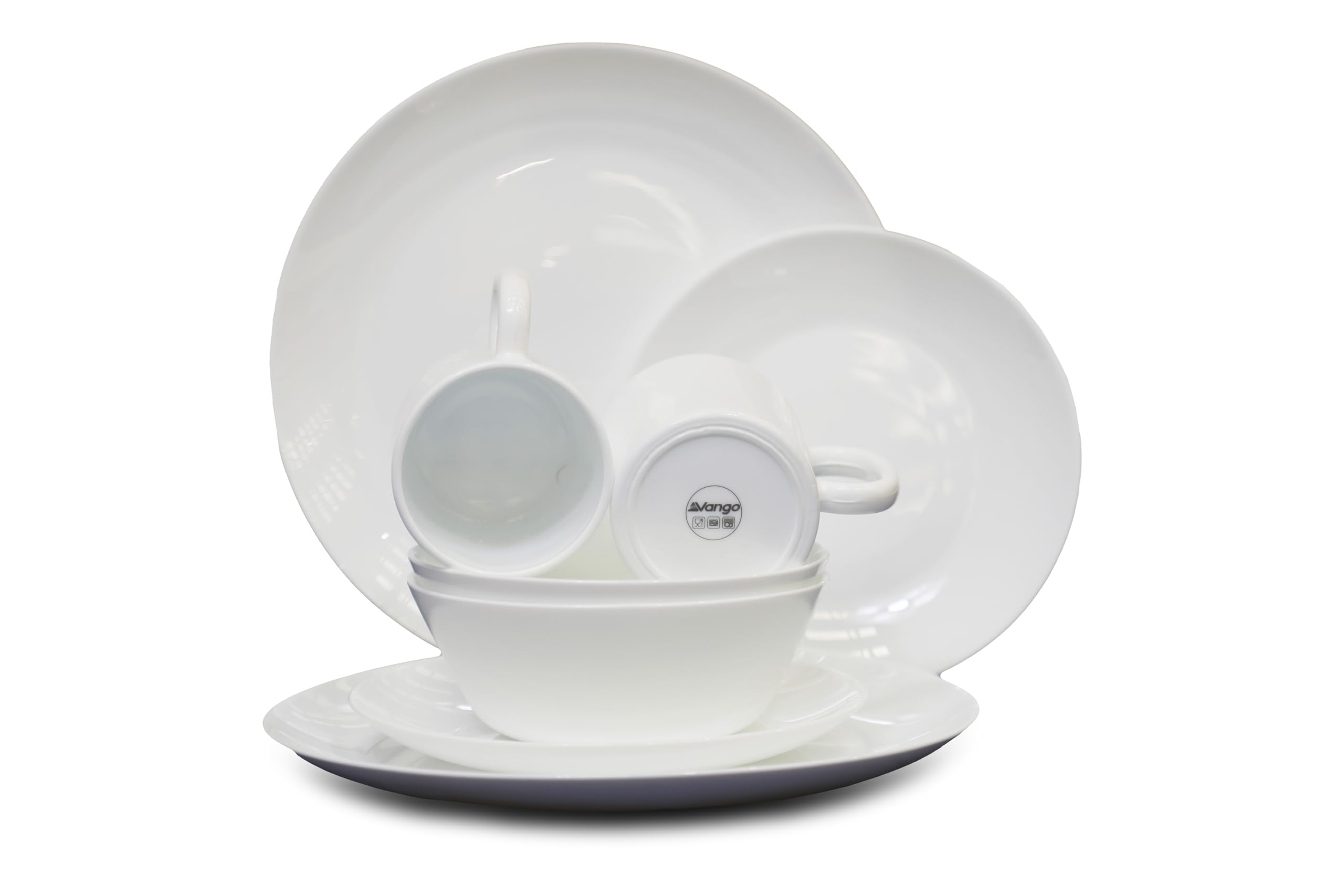 Vango White Opal 16 Piece Dinnerware Tempered Glass Dining Set: 2 Dinner Plates, 2 Side Plates, 2 Bowls, 2 Mugs, Dishwasher & Microwave Safe
