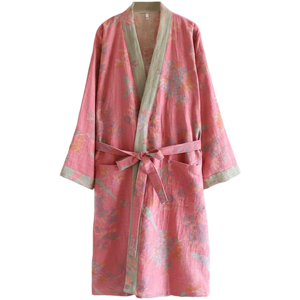 Uzztfa Japanese Kimono Robes Japanese Style Yukata Kimono Pajamas Lightweight Spa Bathrobe Pocket Floral Bathrobe Nightgown Sleepwear for Women