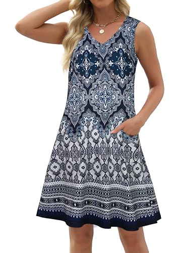 Image of elescat Womens Summer Dresses Casual V Neck Sleeveless Pockets Beach Loose Tank Sundress 2026