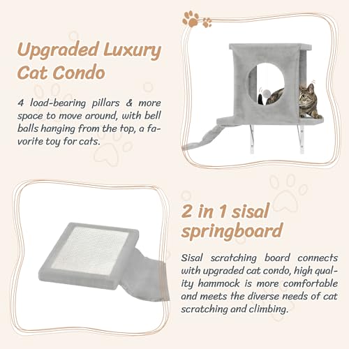 7-in-1 Cat Wall Shelves, Wall Mounted Cat Climber Set, Cat Furniture with House, Tunnel, Bridge, Steps, Scratcher, Hammock, Shelves for Indoor, Gray - Thumbnail 5
