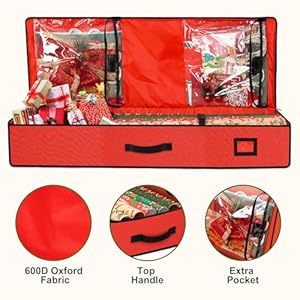 Wrapping Paper Storage Bag Container 600D Heavy Duty Tear Proof for Holiday Christmas Gifts Decorations with Flexible Partitions Storage Container for Ribbon, Accessories (Red) Wrapping Paper Storage Bag Container 600D Heavy Duty Tear Proof for Holiday Christmas Gifts Decorations with Flexible Partitions Storage Container for Ribbon Accessories Red