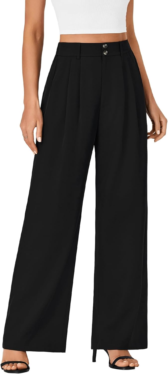 Vrtige Women's Elastic High Waisted Wide Leg Long Pants Office Casual Trousers with Pockets - Image 4