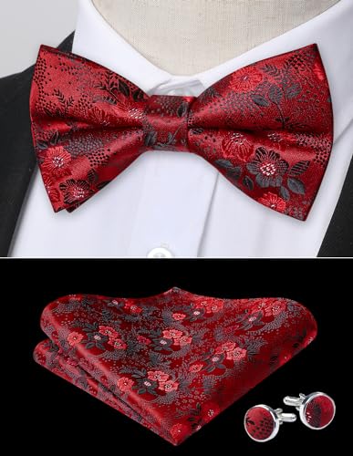 Image of HISDERN Bow Ties for Men Pre-Tied Bow Tie Floral Paisley Handkerchief Classic Formal Bowtie and Pocket Square Cufflinks Set