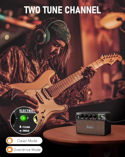 Image of Flatsons 10W Mini Guitar Amp,Rechargeable Electric Guitar Amplifier | with Clean /Drive Channel,6H Working,3.5mm headphone jack for silent practice,Wireless Portable Amp for Practice & Traveling