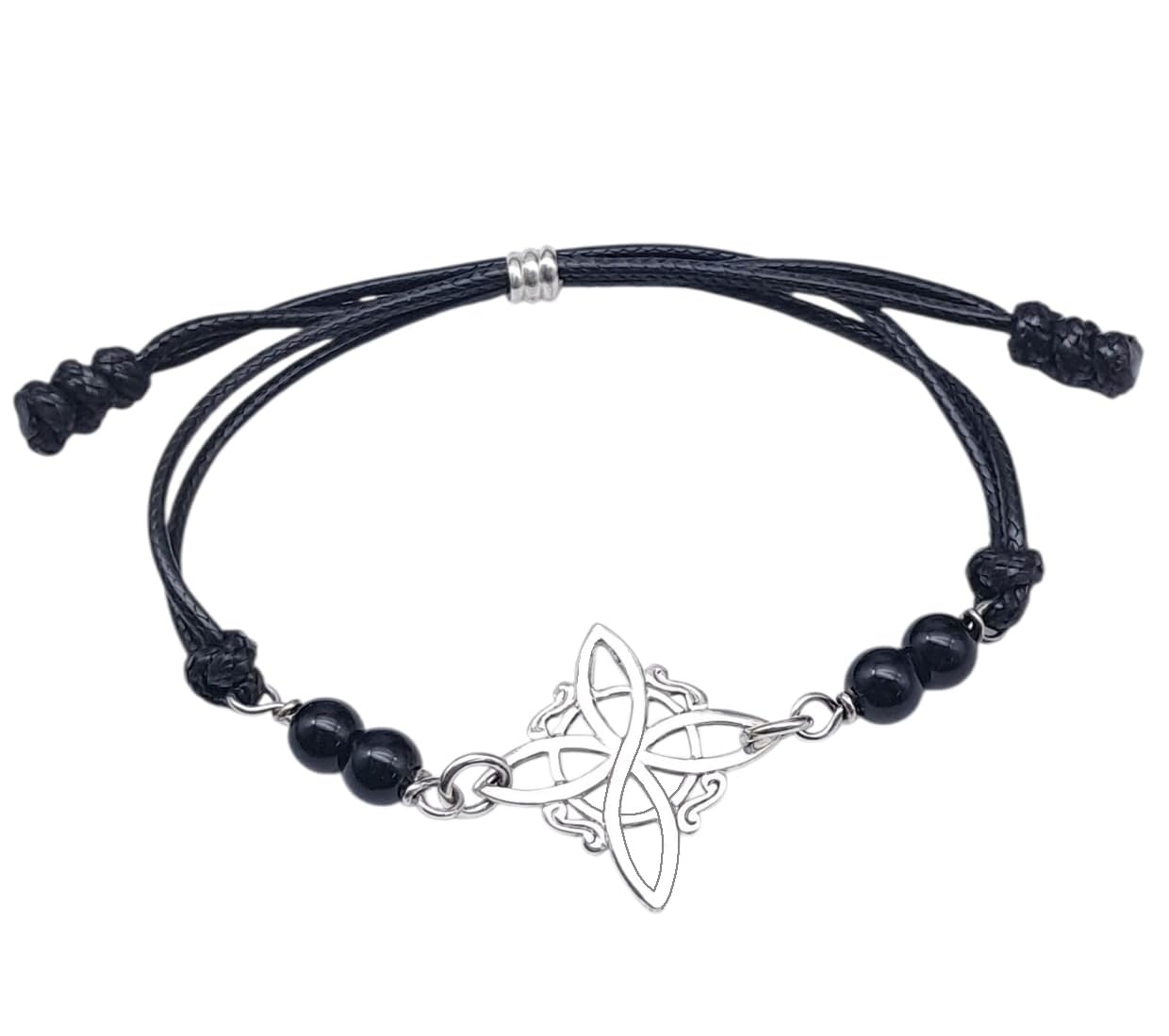 Pulsera Nudo de Bruja plata de ley con agatas negras - nudo de bruja ajustable macrame - pulsera protección - amuleto protector nudo de brujas -