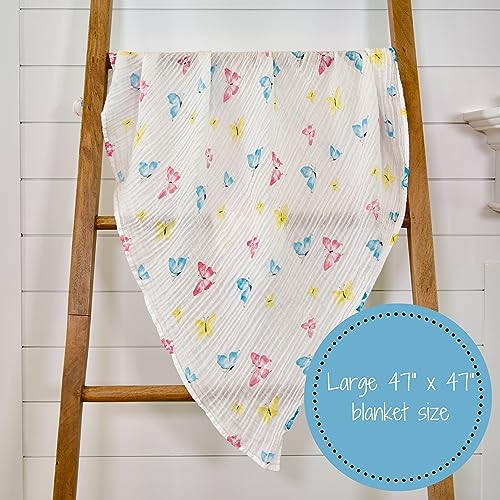 Image of LollyBanks Baby Blankets, 100% Muslin Cotton Swaddle Blanket for Girls, Soft and Large 47 x 47 Inches Newborn Swaddle, Breathable Baby Receiving Blankets, Registry (Butterfly Print)