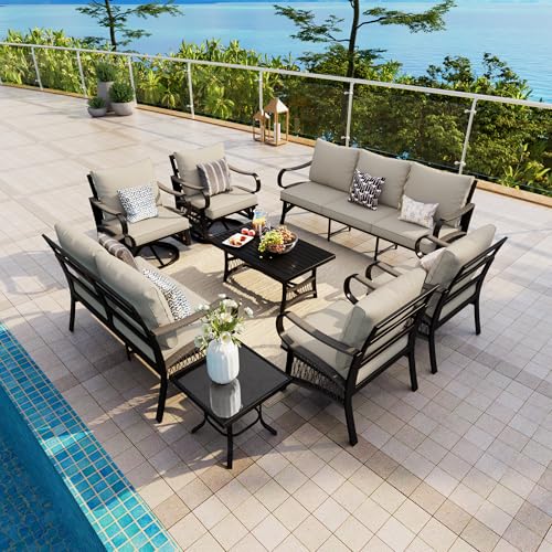 Image of 8 Pieces Patio Conversation Sets, All Weather Metal Outdoor Furniture Set with Swivel Rocking Chairs Set, Outdoor Furniture Set with Sectional Sofa Couch Loveseat (Beige Cushions)