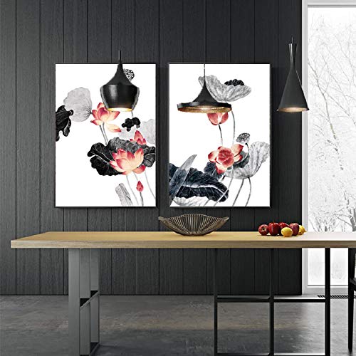 Art mural toile peinture encre Lotus pour apaiser le salon : lot de 2 grandes affiches chinoises
