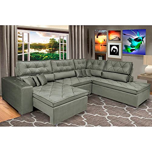 Sofa de Canto Retrátil e Reclinável com Molas Cama Inbox Platinum 3,40x2,36 Tecido Suede Cinza