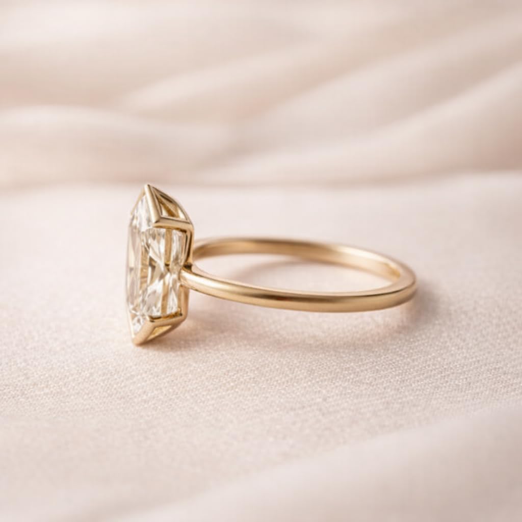 Hexagon Cut Moissanite Solitaire Engagement Ring For Woman Solid Yellow Gold Half Bezel Setting Minimalist Handmade Promise Wedding Jewelry Gift for Her