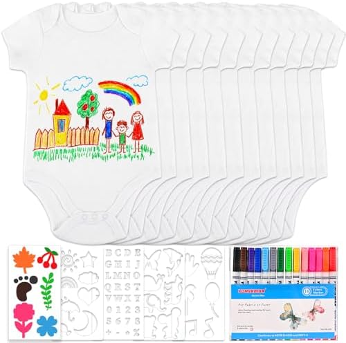Tigvio Babybodys zum Bemalen Lätzchen zum Bemalen für Babyparty (12 Stück) | Lätzchen Bemalen mit 12 Baby Body (38 * 21 cm) + 14 Bunte Textilstift + 5 Schablonen für Babyparty Spie