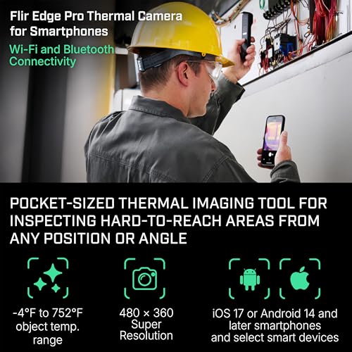Image of Flir Edge Pro - Wireless Bluetooth Thermal Imaging Camera for Smartphones, Compatible with All iOS and Android Devices, 480x360 Super Resolution (160x120 Native IR) | Bluetooth, MSX, 160x120 native IR, smartphone /tablet, IGNITE cloud, 2m drop, USB cable