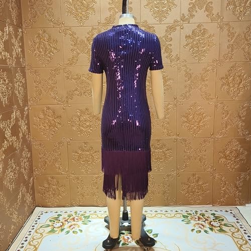 Image of Cololura Sexy Elegant Women Sequin Tassel Short Sleeve Bodycon Midi Dress Party Evening Gown Formal Dress