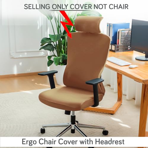 Image of HOKIPO 140 GSM Office Chair Cover with Headrest (High-Back) - 140 GSM Stretch Fabric - Washable, Anti-Slip Fit for Ergonomic Mesh Office Chairs, Caramel Brown (AR-6704-SBRN)