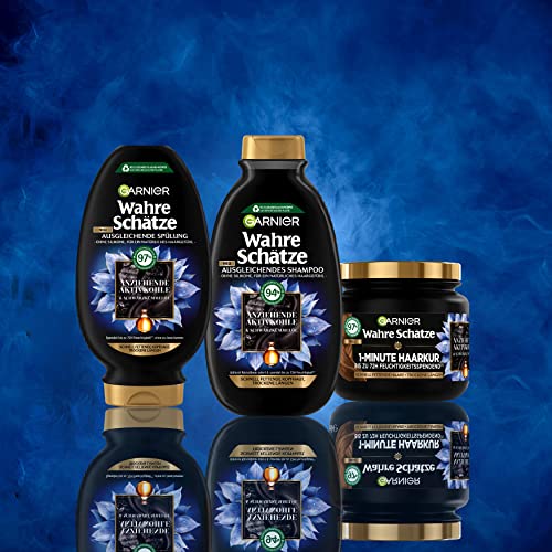 Foto von Garnier Wahre Schätze Ausgleichende Charcoal Haarmaske, Haarkur für Schnell Fettende Kopfhaut und Trockene Haarlängen, Aktivkohle und Schwarzkümmelöl, 340 ml (1er Pack)