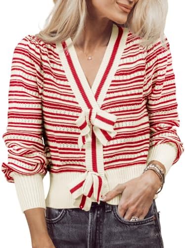 Saodimallsu Womens Striped Cropped Sweaters V Neck Cute Bow Tie Puff Sleeve Loose Knit Trendy Pullover Sweater