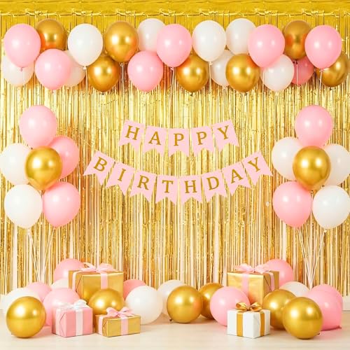 Image of Happy Birthday Decoration Kit for Kids Men Women Tweens Home Terrace Table Year With 30 Pcs Pink Gold White Balloons 1 Pcs Pink Happy Birthday Paper Banner 1 Pc Gold Foil Curtain Items Set Combo