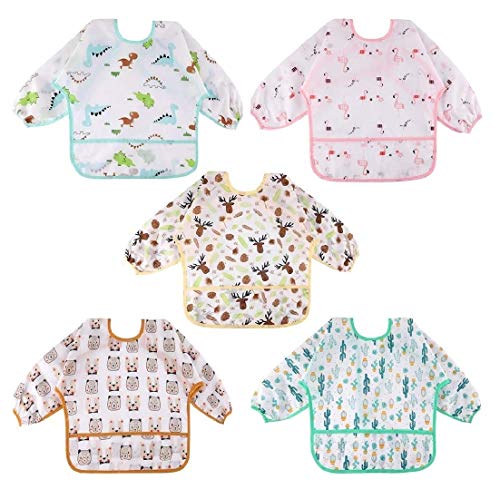 Discoball 5 pcs Baby Bibs with Sleeves - Waterproof Long Sleeve Bib Unisex Feeding Bibs Anti-Dressing Bibs Baby Drool Bibs Painting Apron Bibs for Infant Toddler 6-24 Months