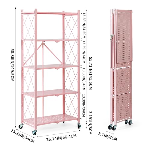 Image of BRIAN & DANY 5-Tier Foldable Storage Shelves with Wheels, Folding Metal Rack Shelving Unit, Heavy Duty No Assembly Organizer Shelf for Garage, Kitchen, Basement, Pantry, Pink