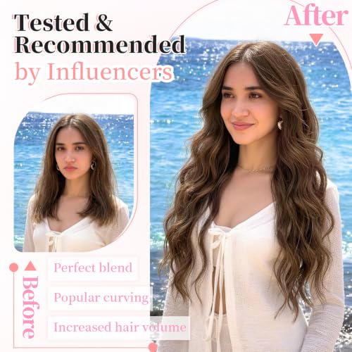 Image of KooKaStyle Clip in Synthetic Hair Extensions Long Wavy 4PCS Thick Hairpieces Warm Auburn Brown Fiber Double Weft Natural Hair Extensions 24 Inch for Women