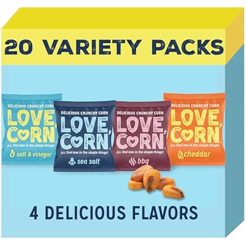 LOVE CORN Family Favorite - Sea Salt, BBQ, Salt & Vinegar, Cheezy 0.7oz x 20 - Delicious Crunchy Corn - Healthy Family Snacks - Gluten Free, NON-GMO - Alternative for Chips, Nuts, Crackers & Pretzels Cover