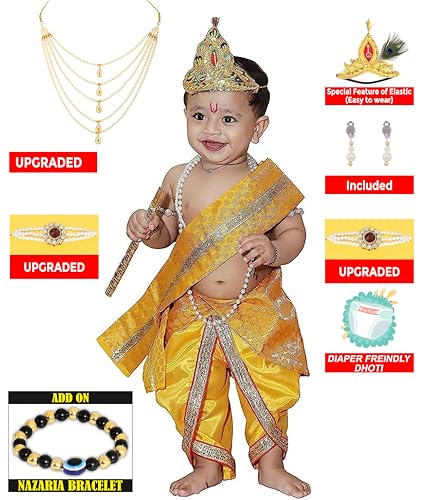 Image of Krishna Dress for Kids, Baby Krishna Dress for Janmashtami with Krishna Mukut, Peacock Feather & Flute Embroidered Krishna Costume for Girl & Boy, 3 Months-8 Years