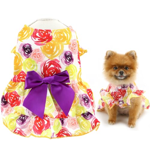 SMALLLEE_LUCKY_STORE Dog Dress for Small Dog Girls Princess Pet Skirts with Bow and Floral Pattern Puppy Clothes Birthday Holiday Valentine Chihuahua Cat Apparel, Floral, S