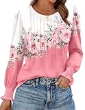Zeagoo Women Blouses Puff Long Sleeve Shirts Crew Neck Pleated Fall Top Business Work Clothes Pink