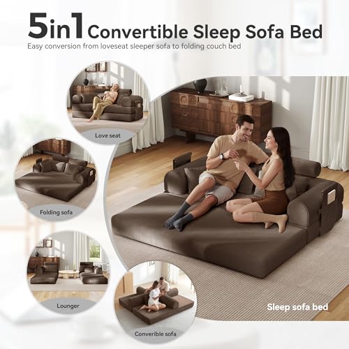 Image of Upgrade High Backrest Design Sofa Bed with Fixed-Shape Frame & Removable Armrests and Backrest, Corduroy Fabric, Convertible Mattress Couch for Small Spaces - No Assembly Needed (Brown)
