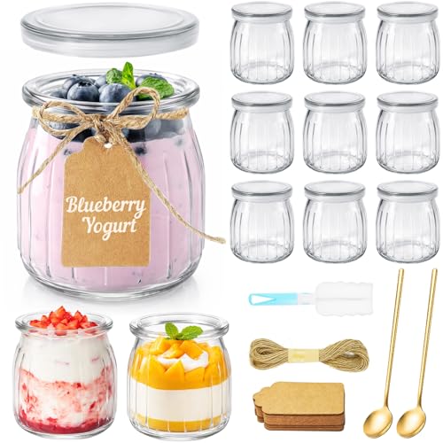 MirraSwit 12 Stück 200ml Durchsichtige Joghurtgläser mit Deckel und Löffel Mehrzweck Dessertgläser für Marmelade Desert Gläser Set Glas mit Etikette Bürste Seil für Joghurt Honig