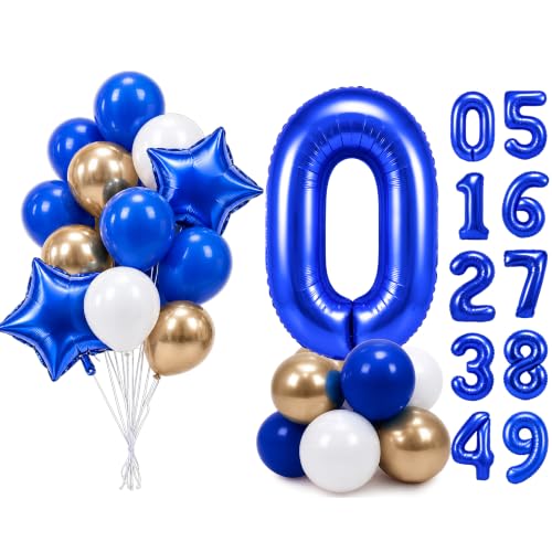 Image of PartyWoo Royal Blue Number 0 Balloon 40 Inch 25pcs Blue Star White Gold
