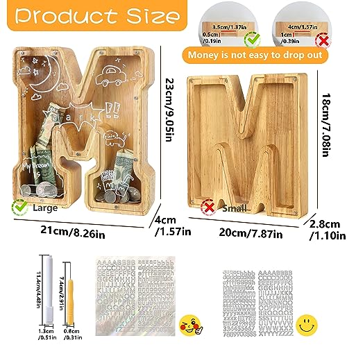 Mikytoper Letter Money Box for Kids Large Wooden Personalized A-Z Piggy Bank Clear Alphabet Money Bank Coin Bank for Gift Decoration Baptism (M) - Image 2