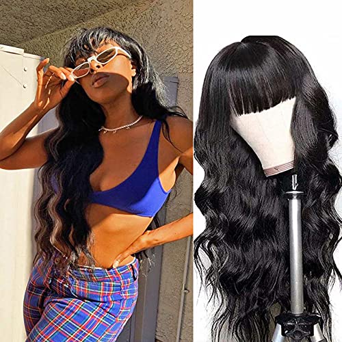 ALEPAZ Body Wave Human Hair Wigs with Bangs Brazilian Human Hair None Lace Front Wigs Glueless Machine Made Wigs For Black Women 150% Density Natural Color(22inch Body Wave)