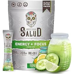 Salud 2-in-1 Energy + Focus Drink Mix, Cucumber Lime | Organic Caffeine, B6 + B12, Theanine, Clean Energy Packets, Agua Fresca Mix, Non-GMO, Gluten Free, 1g of Sugar (15 Servings)