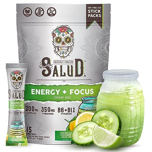 Image of Salud 2-in-1 Energy Drink Powder + Focus, Cucumber Lime, Organic Caffeine, B6 + B12, Theanine, Clean Energy Drink Packets, Agua Fresca Mix, Non-GMO, Gluten Free, Vegan, 1g of Sugar, (15 Servings)