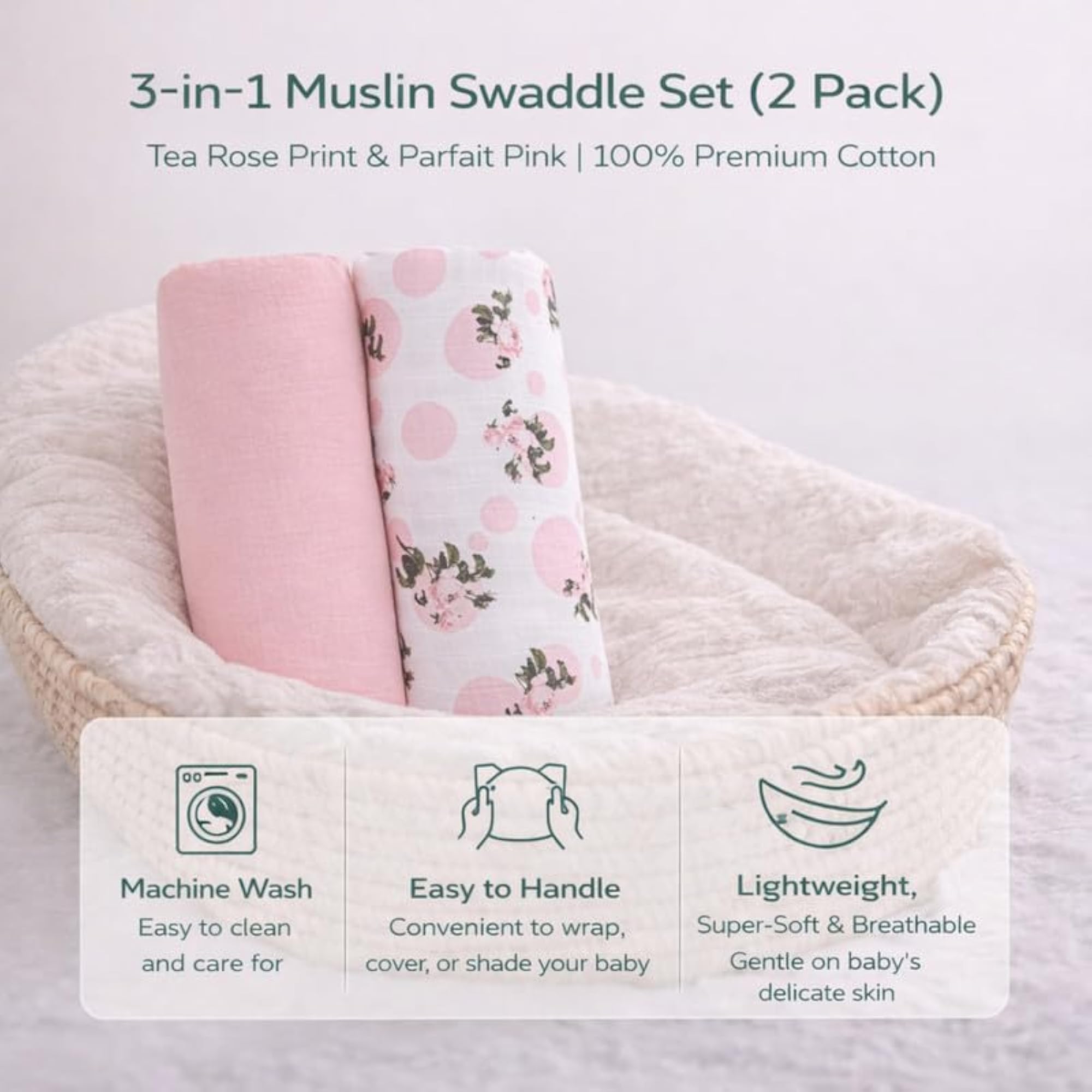 Muslin Swaddle Blanket Set (2 Pack) - Tea Rose Print & Parfait Pink