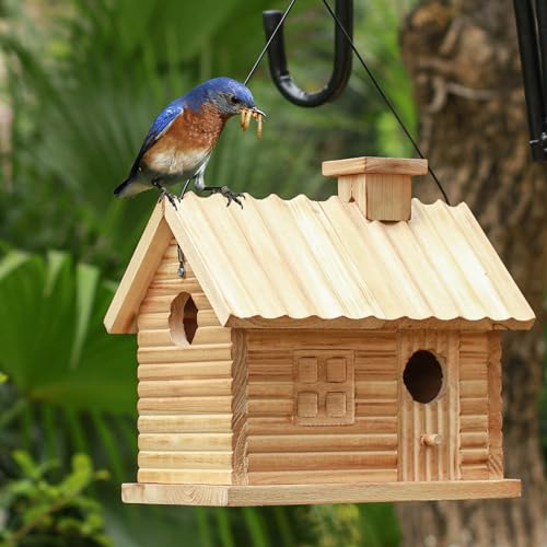 Starswr Bird House Outside,Outdoor Bird Houses, Natural Wooden Bird Hut Clearance 2 Hole Bluebird Finch Cardinals 2 Rooms Hanging Birdhouse For Garden Viewing cover