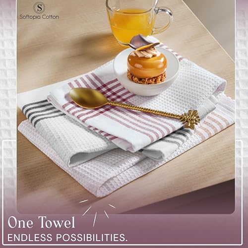 Image of Waffle White & Multi Colors Kitchen Towels 12 Pack, 100% Cotton, 16x26 inches, Durable Dish Towel, Quick Dry Dishcloths, Ideal for Drying, Wiping - Beige, Black, Burgundy Wine