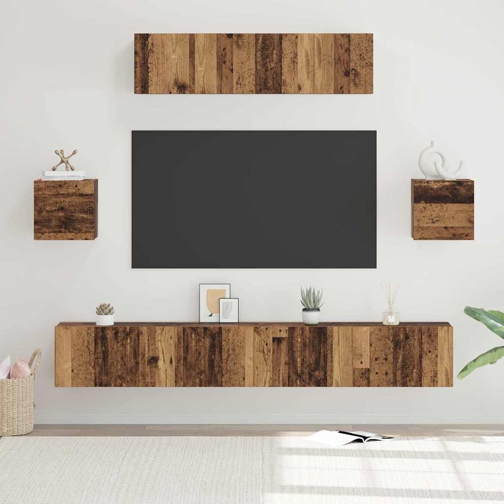 TV-Schrankset Wandmontiert, 7-teilig, Altholz Holzwerkstoff, Modernes Media Center für Wohnzimmer, Schlafzimmer, Robustes Design, Hohe Tragfähigkeit