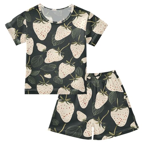 ALAZA White Strawberry Black Pajamas Short Sleeve 2 Piece Sleepwear Top and Bottom Pajama Set Unisex