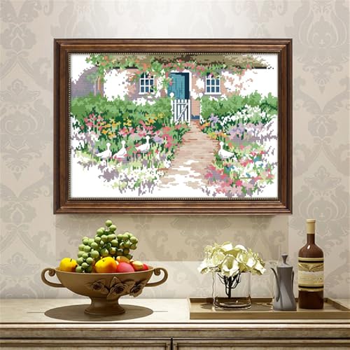 Image of JOYSEWING Flower House Cross Stitch Kits Stamped Kits Beginners Embroidery DMC Color Needlepoint Kits Pre Printed Counted Embroidery DIY Home Decor-Farm (Printed) 20.5x15 inch