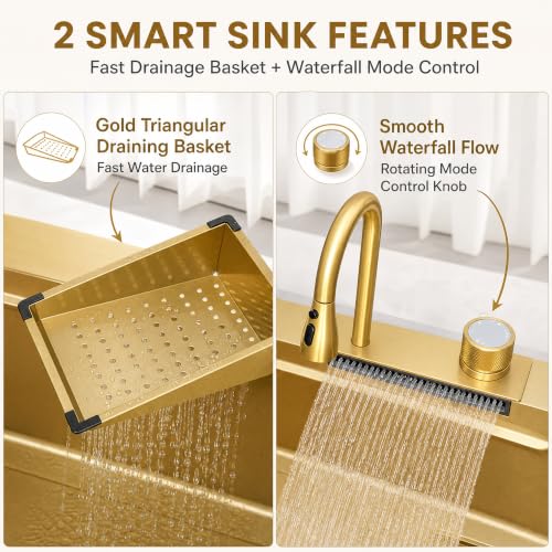 Image of InArt All-in-One Waterfall Kitchen Sink, Brushed Gold Nano Stainless Steel, Single Bowl 30 x 18 Inches, with Pull-Out Faucet, RO Tap, Glass Rinser and Drain Basket