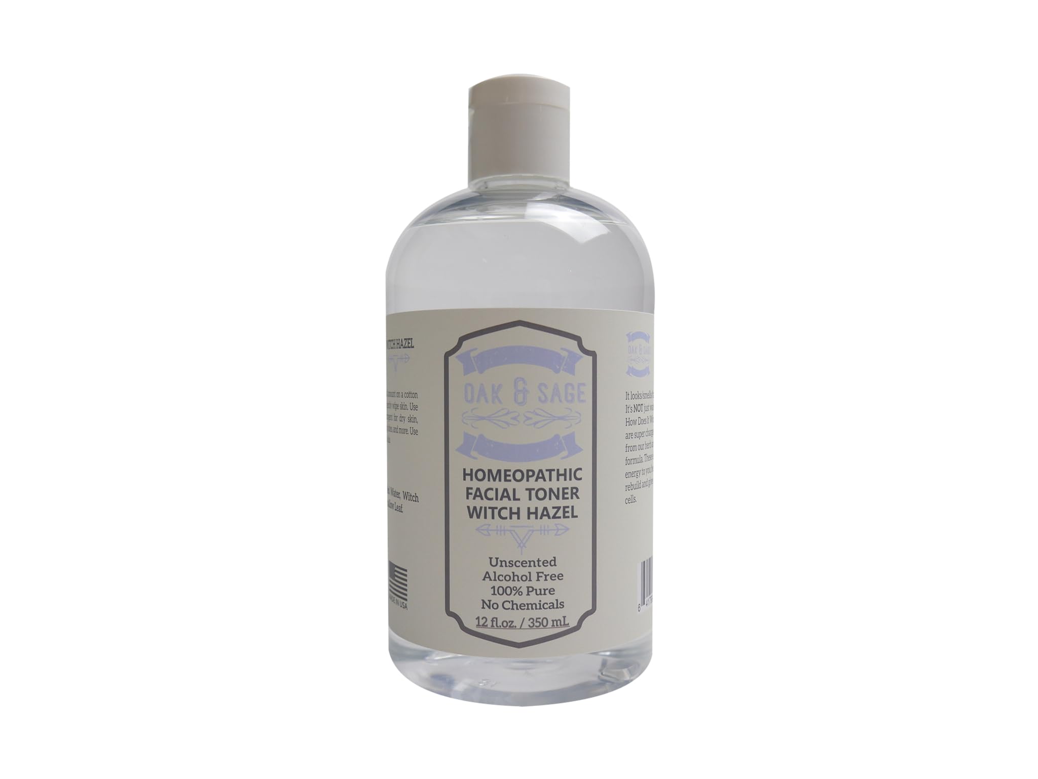 Oak & Sage Homeopathic Facial Toner Witch Hazel Unscented - 12oz Astringent, 100% Pure, No Alcohol, No Additives