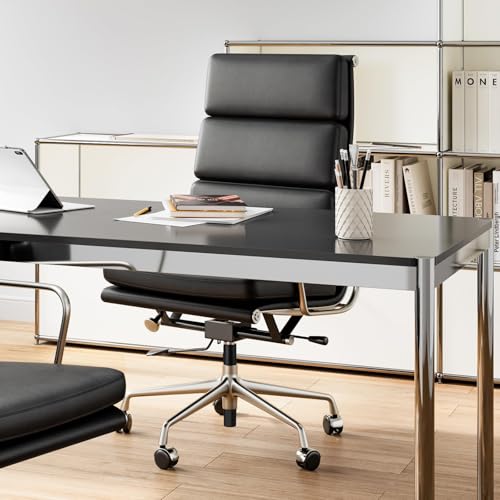 Image of High-Back Executive Genuine Leather Office Chair, with Aluminum Arms and 5-Star Base, Modern Rolling Desk Chair with Silent Wheels, Lumbar Support, High-Adjustable, Tilting for Home & Office