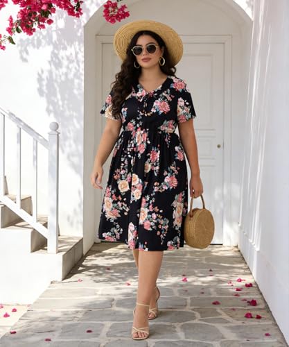 Image of RITERA Plus Size Dresses for Curvy Women Short Sleeve V-Neck Summer Dress Floral /Solid Midi Sundress with Pockets XL-5XL